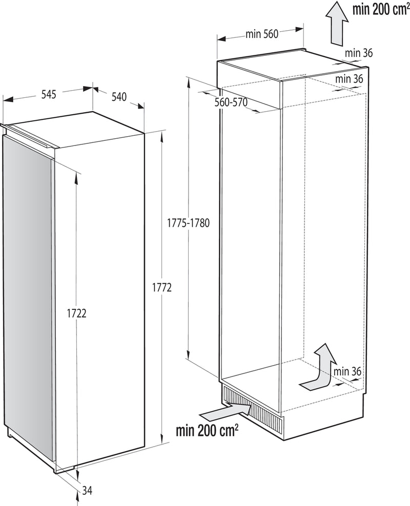 Einbau-Kühlschrank Schlepptür, Nischenhöhe 178 cm EEKL F mechanische Steuerung,