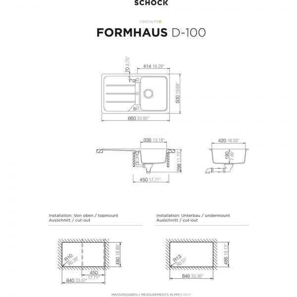 SCHOCK Spüle Einbau von oben Formhaus D-100-A Cristalite Asphalt - FOMD100AGAS